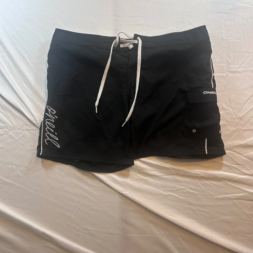 ONeill Mens Black Board Shorts Swim Trunks Size 11 Cargo Pocket White Piping